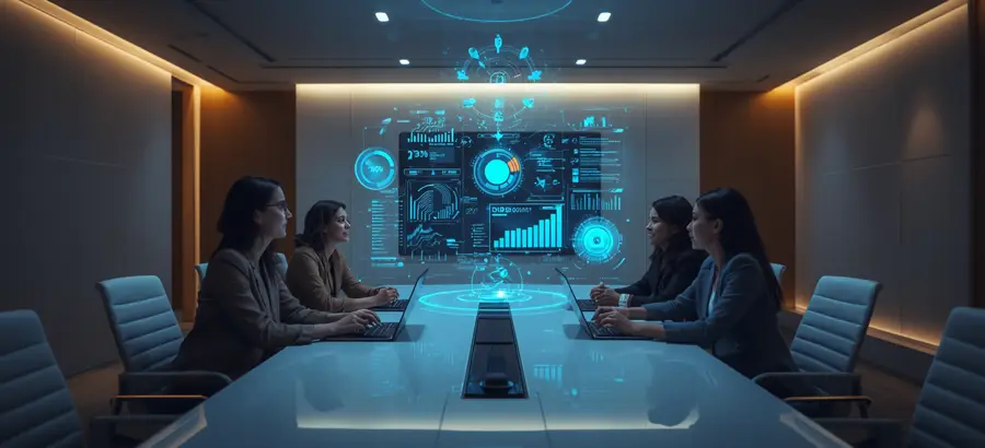 Equipo directivo trabajando con paneles de datos en tiempo real